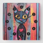 抽象芸術カラフルイエローアイドキャット スクエア壁時計 (正面)