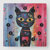 抽象芸術カラフルイエローアイドキャット スクエア壁時計 (正面)