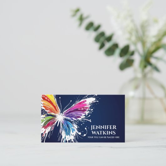 抽象芸術カラフルインク（ばちゃばちゃ）跳ねる蝶 名刺 (スタンド正面)