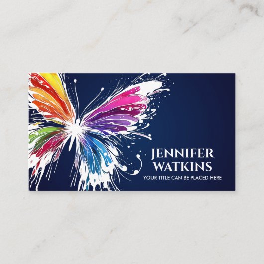 抽象芸術カラフルインク（ばちゃばちゃ）跳ねる蝶 名刺 (正面)