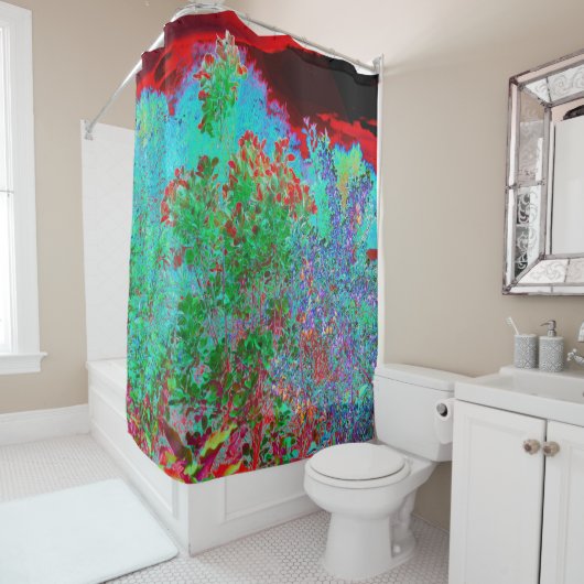 抽象芸術カラフルガーデンと夕日 シャワーカーテン (インサイチュ)