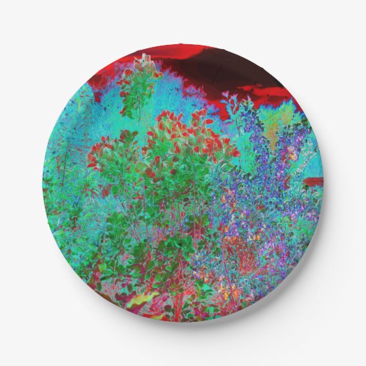 抽象芸術カラフルガーデンと夕日 ペーパープレート (正面)
