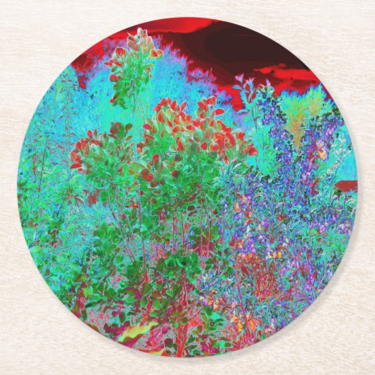 抽象芸術カラフルガーデンと夕日 ラウンドペーパーコースター (正面)