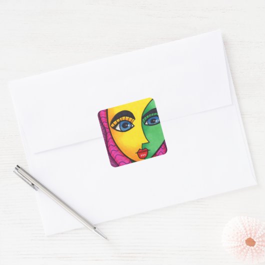 抽象芸術カラフルガール顔 スクエアシール (封筒)