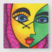 抽象芸術カラフルガール顔 スクエア壁時計 (正面)