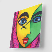 抽象芸術カラフルガール顔 スクエア壁時計 (傾斜)