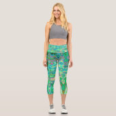 抽象芸術カラフルグリーンウェーブモザイクレトロ カプリレギンス (正面)