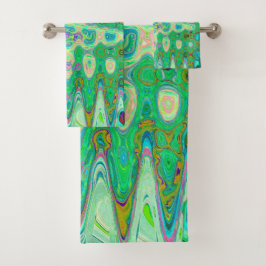 抽象芸術カラフルグリーンウェーブモザイクレトロ バスタオルセット