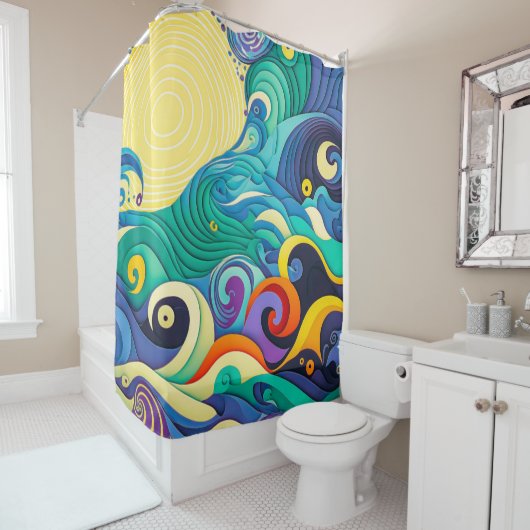 抽象芸術カラフルサンウェーブラインアートイラストレーション シャワーカーテン (インサイチュ)