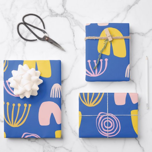 抽象芸術カラフルシェイプのコラージュデザイン(青) ラッピングペーパーシート (正面)