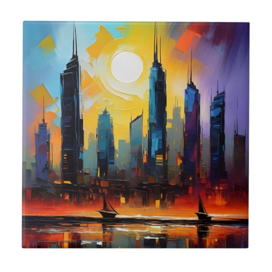 抽象芸術カラフルシティー油アクリル絵を描 タイル (正面)
