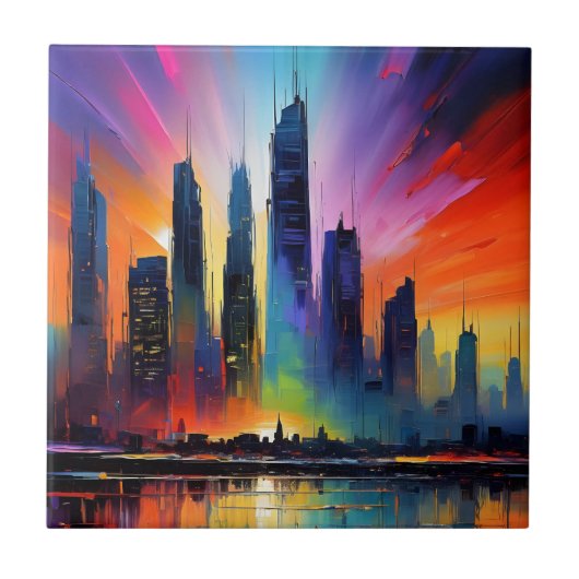 抽象芸術カラフルシティー油アクリル絵を描 タイル (正面)