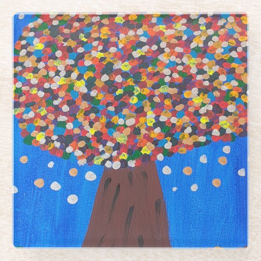 抽象芸術カラフルツリー ガラスコースター (正面)