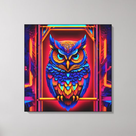 抽象芸術カラフルテクノフクロウ キャンバスプリント (正面)