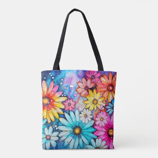 抽象芸術カラフルデイジーフラワーズプリント トートバッグ (裏面)