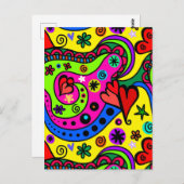 抽象芸術カラフルドードルアートハートと花 ポストカード (正面/裏面)