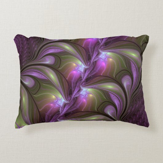 抽象芸術カラフルバイオレットパープルカーキフラクタルアート アクセントクッション (正面)