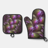 抽象芸術カラフルバイオレットパープルカーキフラクタルアート 鍋つかみ&鍋敷きセット (正面)