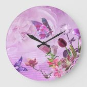 抽象芸術カラフルピンク紫かわいい蝶 ラージ壁時計 (正面)