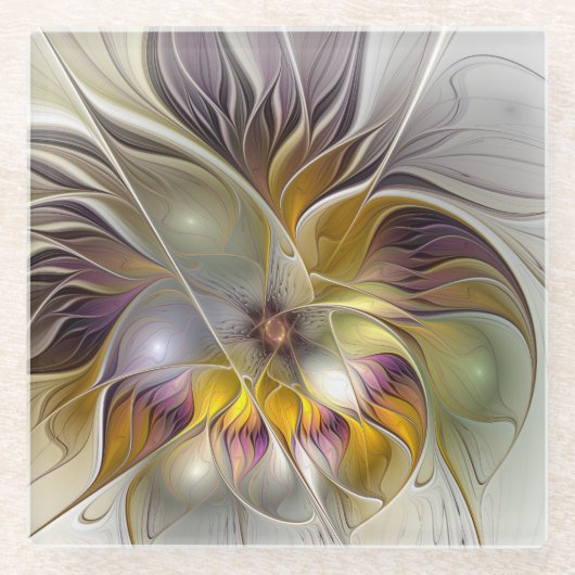 抽象芸術カラフルファンタジーフラワーモダンフラクタル ガラスコースター (正面)