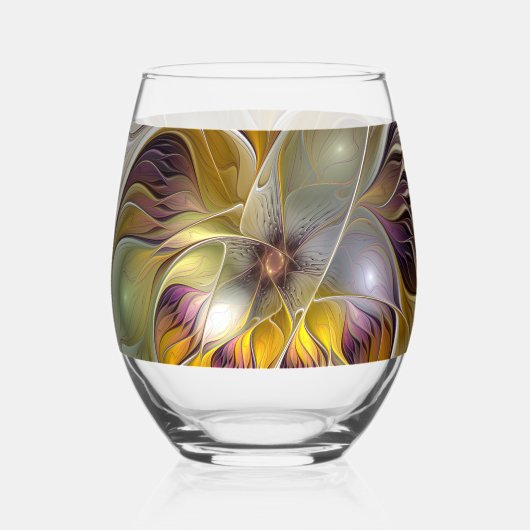 抽象芸術カラフルファンタジーフラワーモダンフラクタル ステムなしワイングラス (正面)