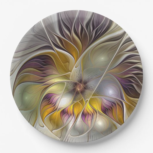 抽象芸術カラフルファンタジーフラワーモダンフラクタル ペーパープレート (正面)