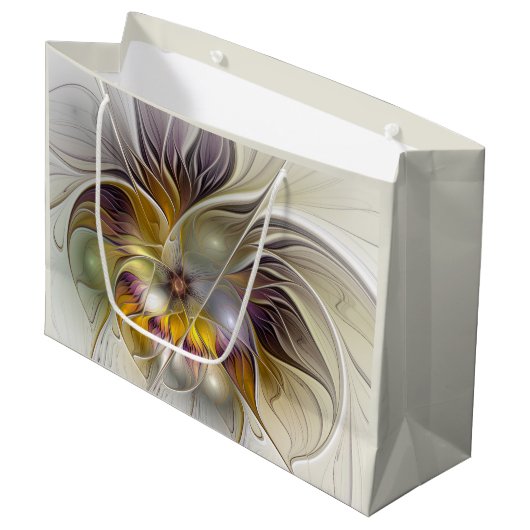 抽象芸術カラフルファンタジーフラワーモダンフラクタル ラージペーパーバッグ (正面アングル)