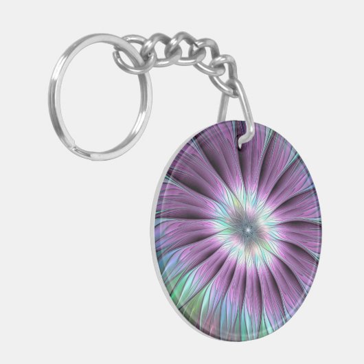 抽象芸術カラフルフラワーピンク青緑フラクタル キーホルダー (正面左)
