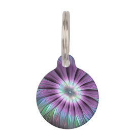 抽象芸術カラフルフラワーピンク青緑フラクタル ペット　ネームタグ