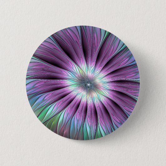 抽象芸術カラフルフラワーピンク青緑フラクタル 缶バッジ (正面)