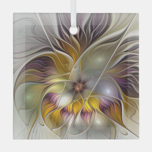 抽象芸術カラフルフラワーモダンフラクタル正方形 ガラスオーナメント (正面)