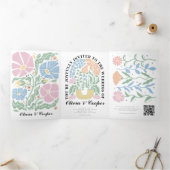 抽象芸術カラフルブライト結婚フローラ詳細 三つ折り招待状 (内部)