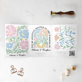 抽象芸術カラフルブライト結婚フローラ詳細 三つ折り招待状