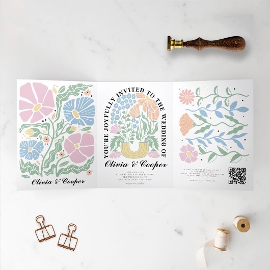 抽象芸術カラフルブライト結婚フローラ詳細 三つ折り招待状