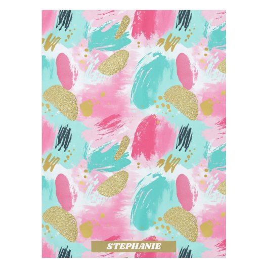 抽象芸術カラフルブラシストローク – Mint & Pink (1) テーブルクロス (正面)