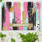 抽象芸術カラフルブラシストローク – Mint & Pink (2) キッチンタオル (折り畳み)