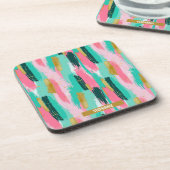 抽象芸術カラフルブラシストローク – Mint & Pink (4) コースター (左側)