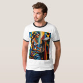 抽象芸術カラフルブラック女性ピアニストシャツ Tシャツ (正面フル)