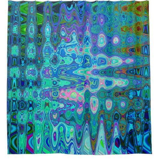 抽象芸術カラフルブルーウェーブモザイクレトロ シャワーカーテン (正面)