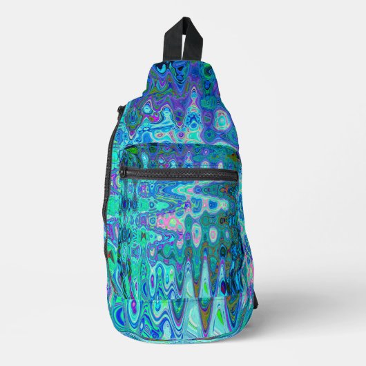 抽象芸術カラフルブルーウェーブモザイクレトロ スリングバッグ (正面)