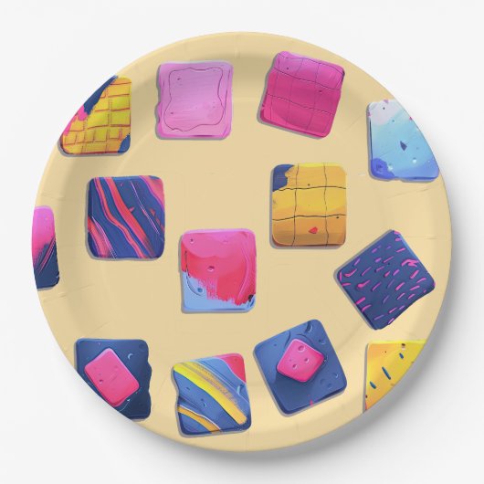 抽象芸術カラフルブロックパターン ペーパープレート (正面)