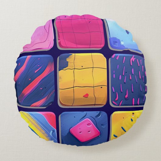 抽象芸術カラフルブロックパターン ラウンドクッション (正面)