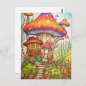 抽象芸術カラフルマッシュルームハウスイラストレーション ポストカード (正面/裏面)