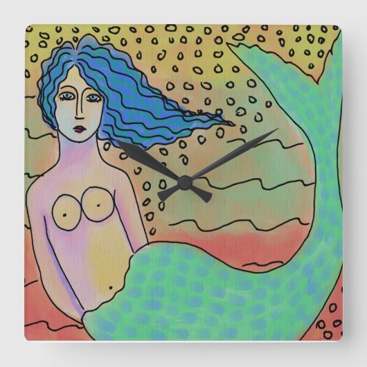 抽象芸術カラフルマーメイドアートスクエアウォールクロック スクエア壁時計 (正面)