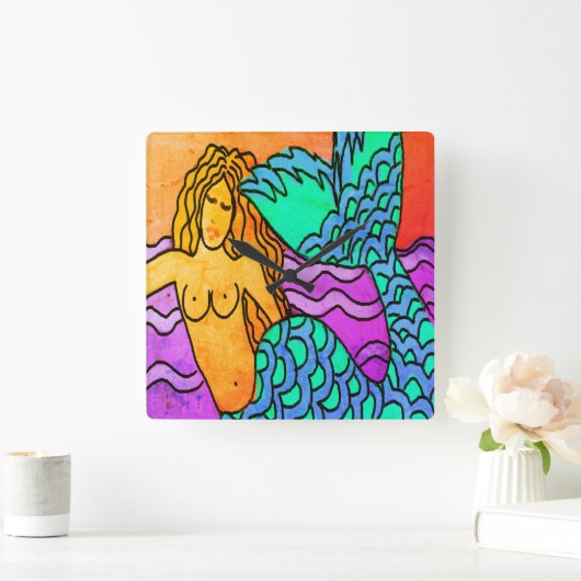 抽象芸術カラフルマーメイド絵画ズ スクエア壁時計 (ホーム)