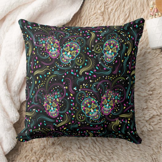 抽象芸術カラフル不気味スカルハロウィーン クッション (ブランケット)