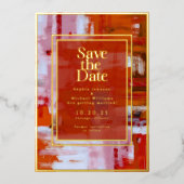 抽象芸術カラフル保存の日付フォトオレンジ赤 箔シーズンカード (正面)