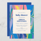 抽象芸術カラフル大理石ブルーピンク赤ちゃんシャワー 招待状 (正面/裏面)