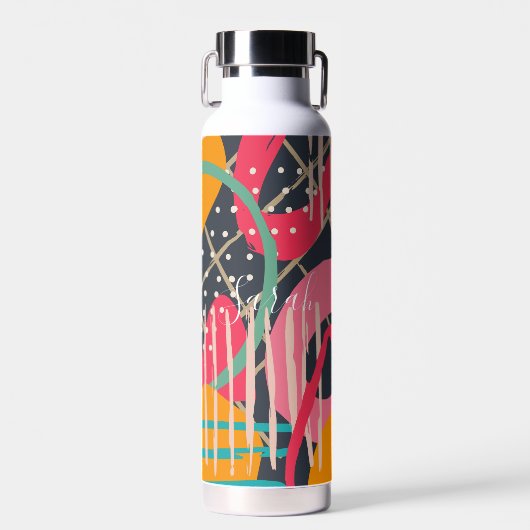 抽象芸術カラフル幾何学的モノグラム名デザイン ウォーターボトル (正面)