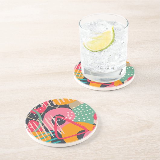 抽象芸術カラフル幾何学的モノグラム名デザイン コースター (側面)